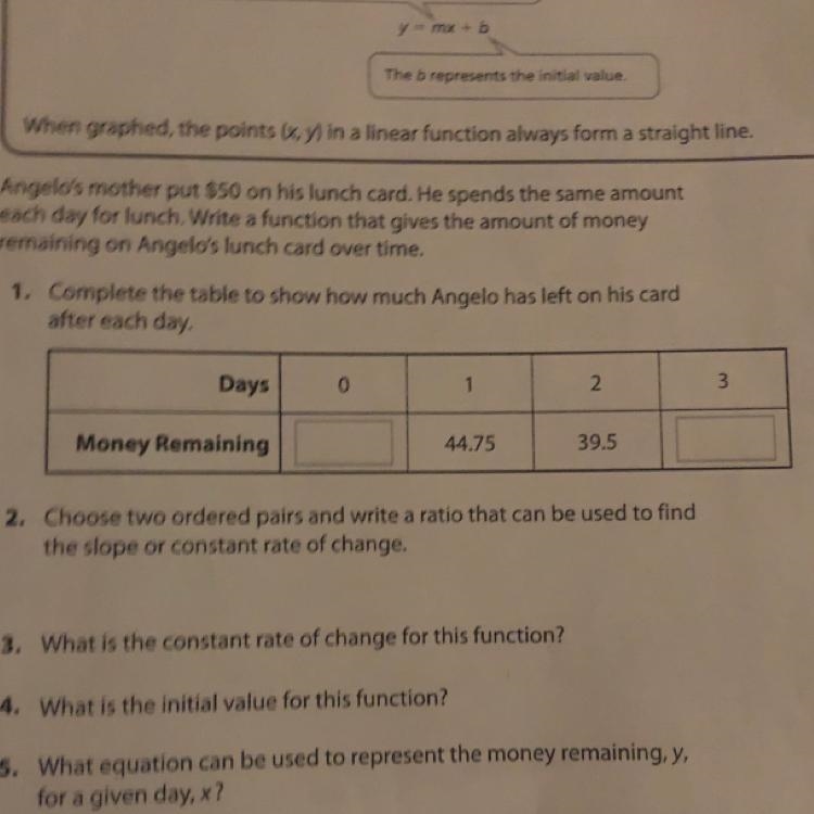 Angelo's mother put $50 on his lunch card. He spends the same amount each day for-example-1