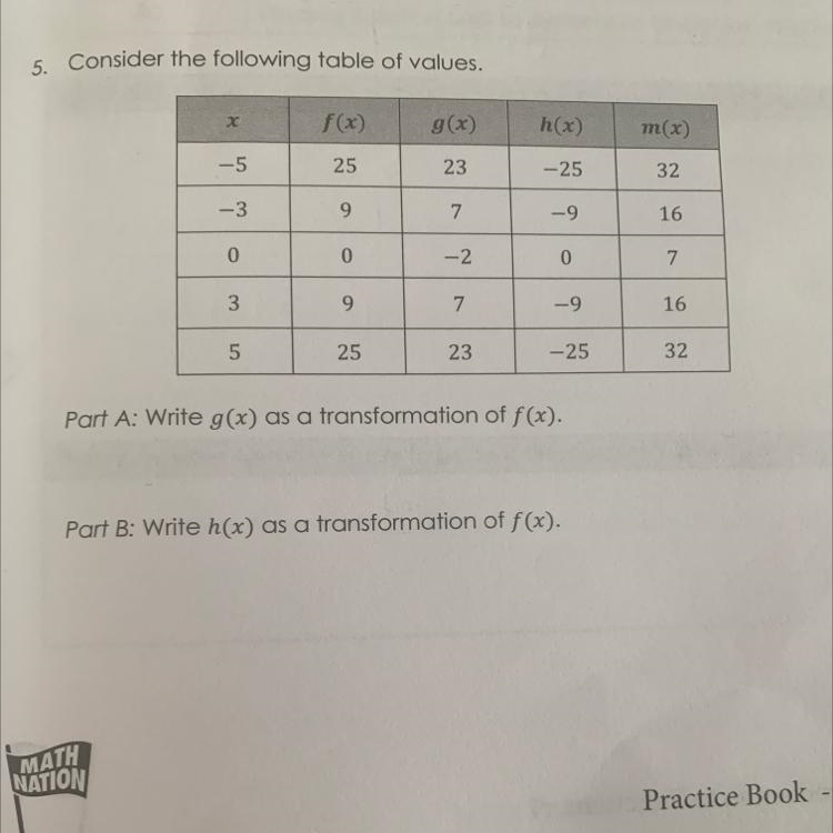 Part A: Write g(x) as a transformation of f(x).Part B: Write h(x) as a transformation-example-1