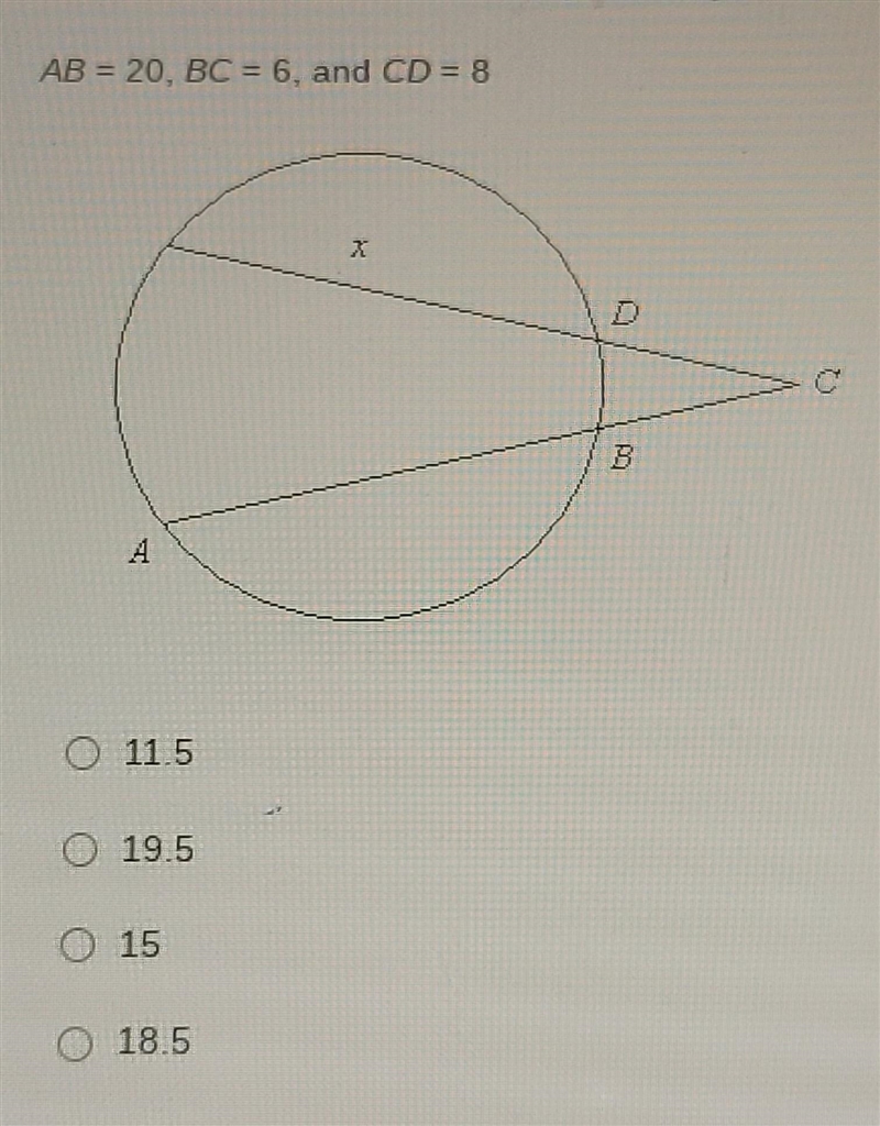 Find the value of x. AB=20 BC=6 CD=8​-example-1