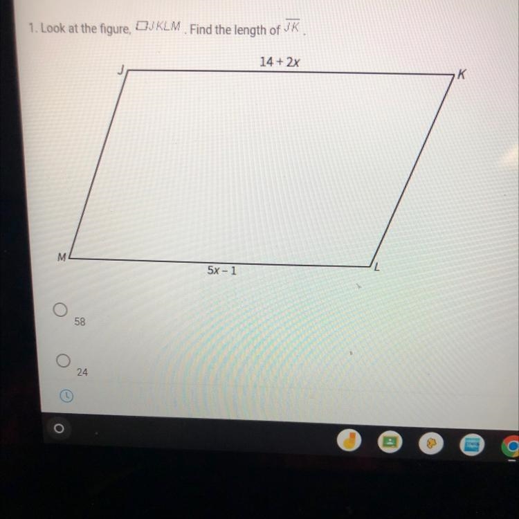 1. Look at the figure, Square JKLM. Find the length of line segment JKM5x-114+ 2xL-example-1