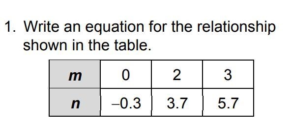 Write an equation for the relationship shown in the table. m 0 2 3 n 0.3 3.7 5.-example-1