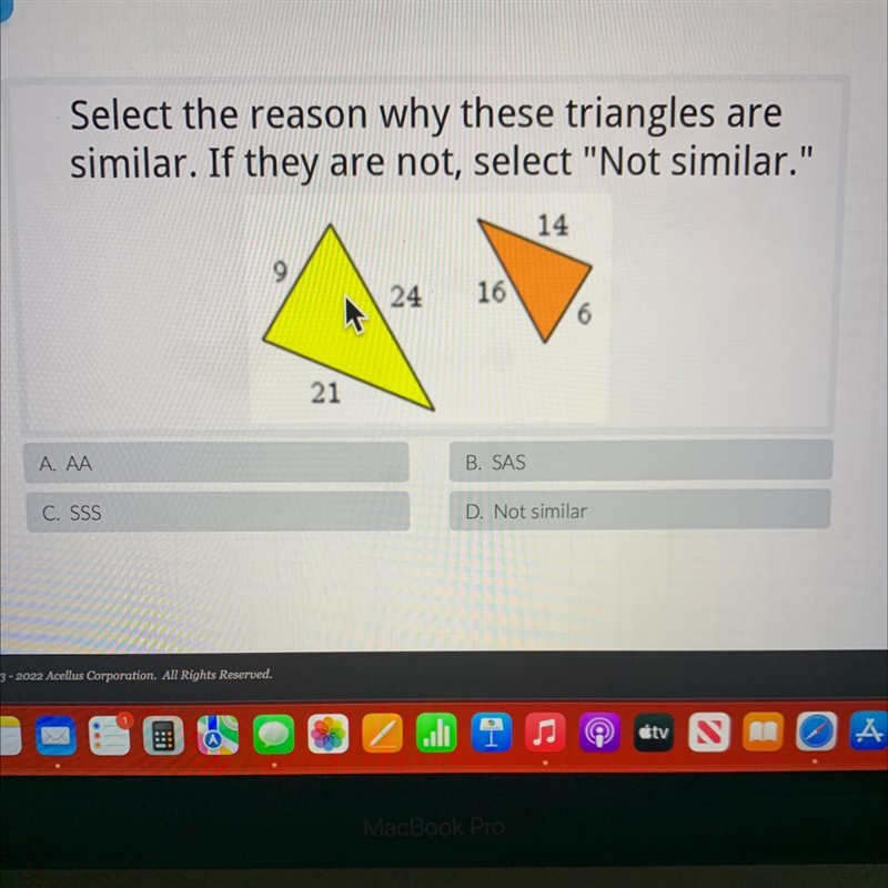 Select the reason why these triangles aresimilar. If they are not, select "Not-example-1