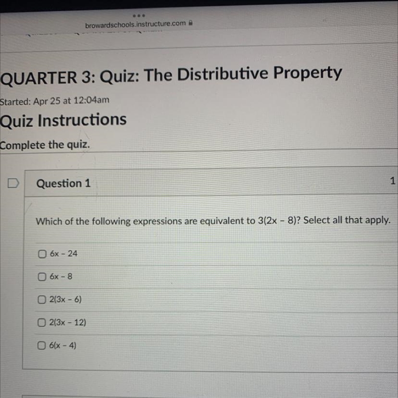 which of the following expression are equivalent to 3(2x - 8)? select all that apply-example-1