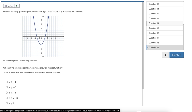 Use the following graph of quadratic function f(x)=x2+2x−3 to answer the question-example-1