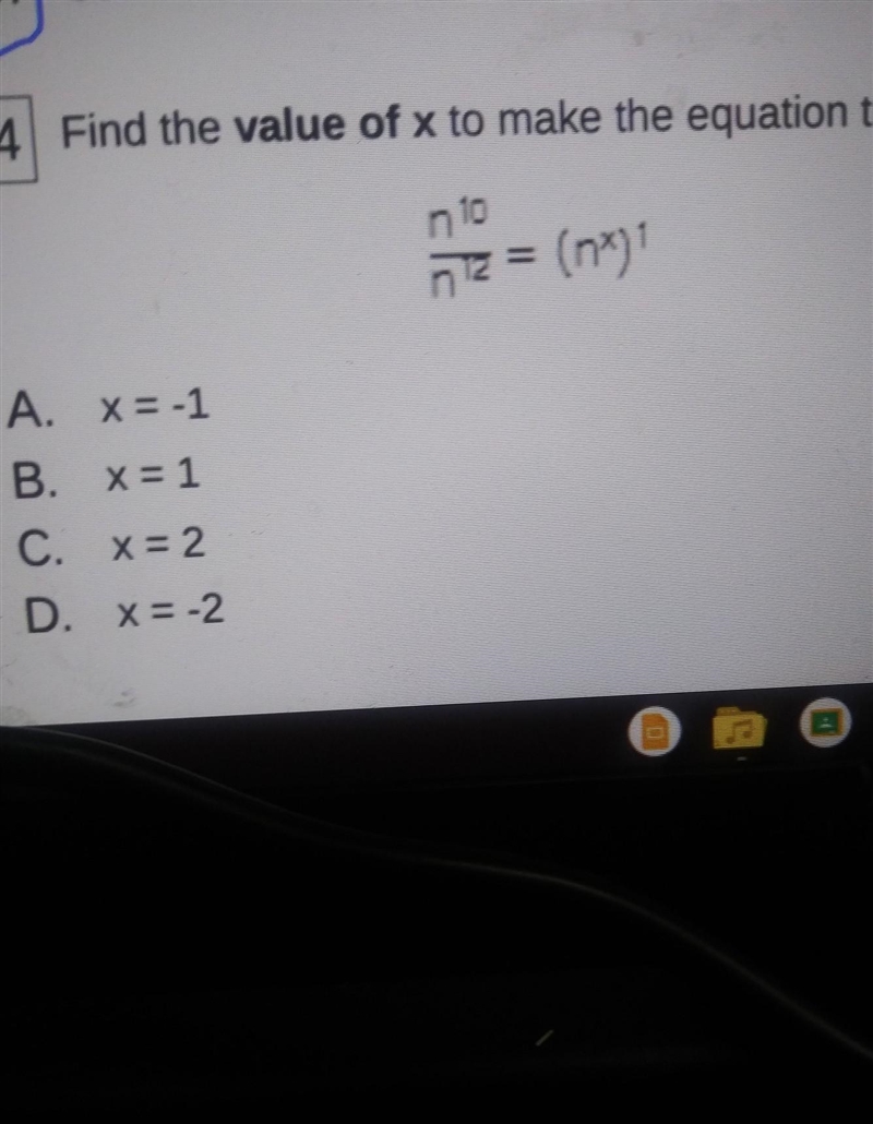 D. _116 in. 14| Find the value of x to make the equation true. n2 = (n) 19 Which number-example-1