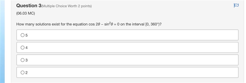 How many solutions exist for the equation cos 20 - sin? = 0 on the interval [0, 360°)?-example-1