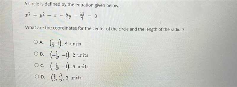 A circle is defined by the equation given below.x2 + y2- x - 2y - 11/4 = 0What are-example-1