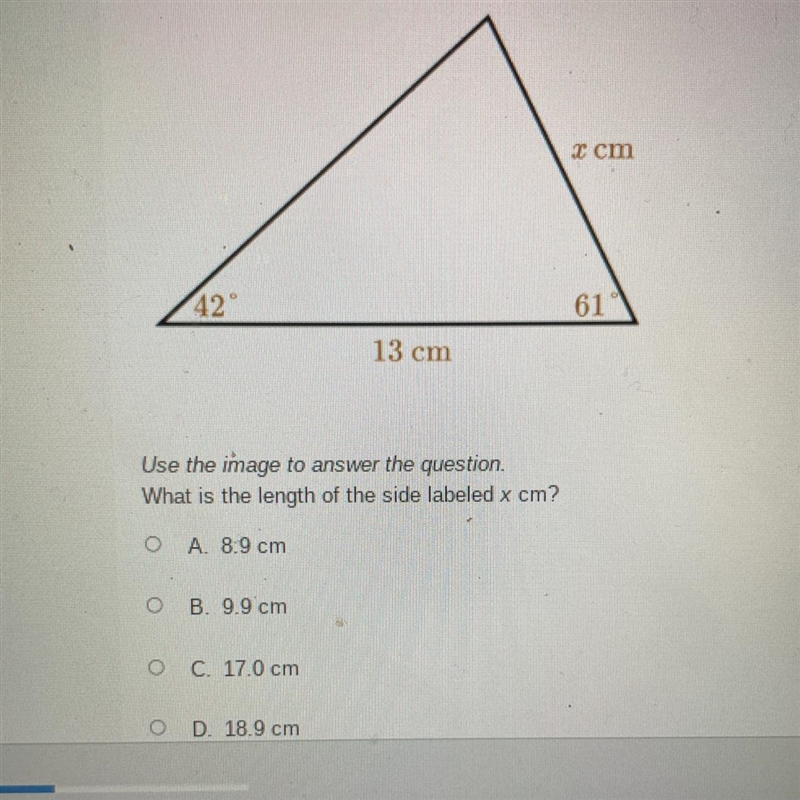 Use the image to answer the question.What is the length of the side labeled x cm?-example-1