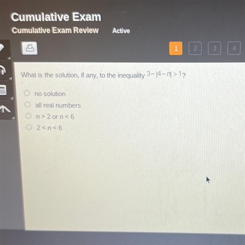 What is the solution, if any, to the inequality 3-14-n1 > 1? no solution O all-example-1