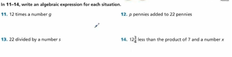 What is this as an algebraic expression for this: 12¾ less than the product of 7 and-example-1