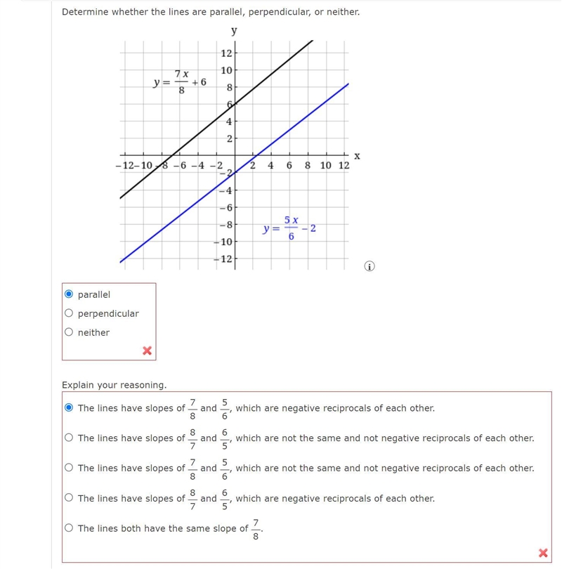 Determine whether the lines are parallel, perpendicular, or neither. Explain your-example-1