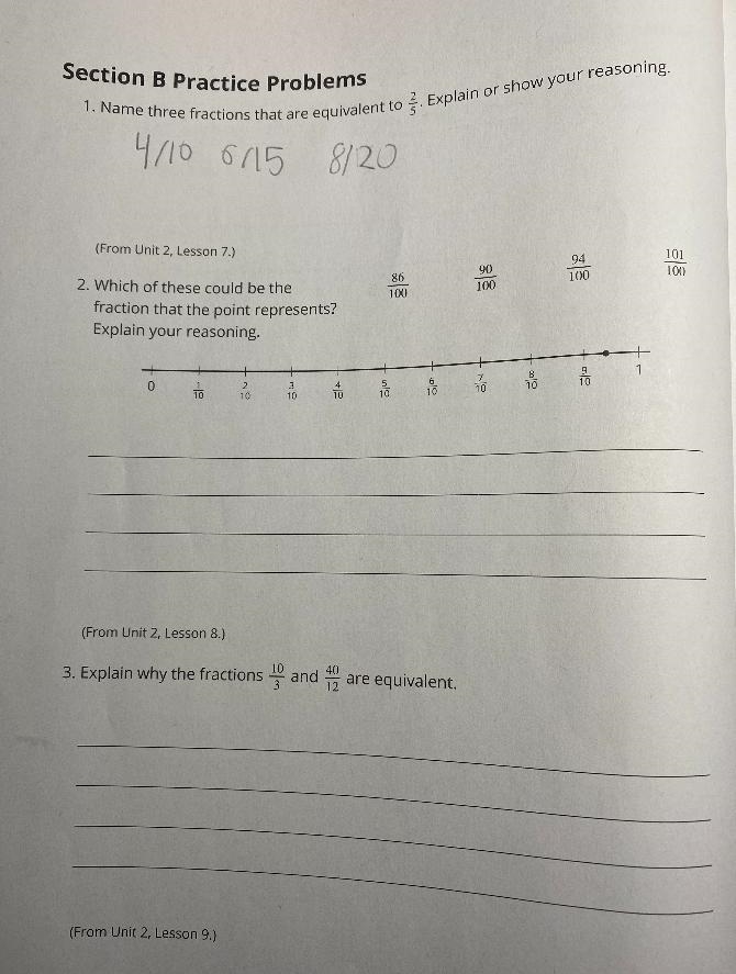 (From Unit 2, Lesson 7.)2. Which of these could be thefraction that the point represents-example-1