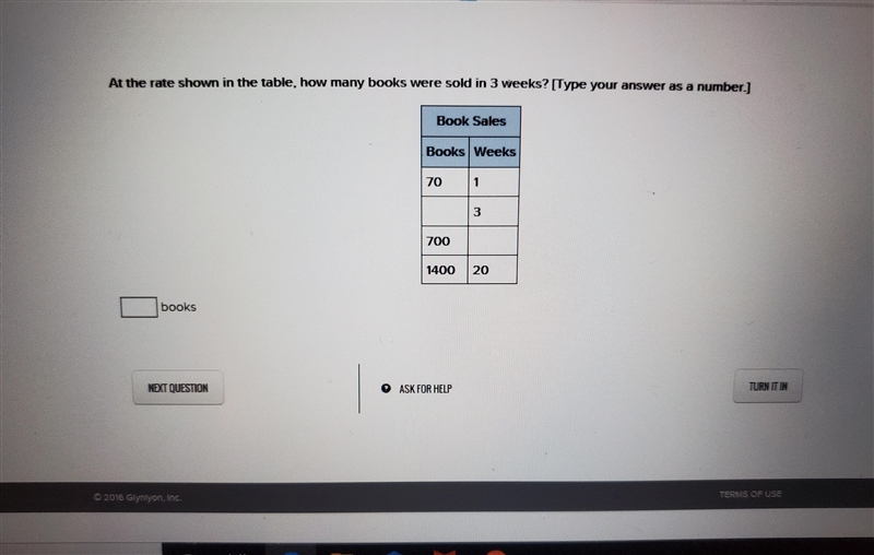 At the rate shown in the table how many books were sold in 3 weeks-example-1