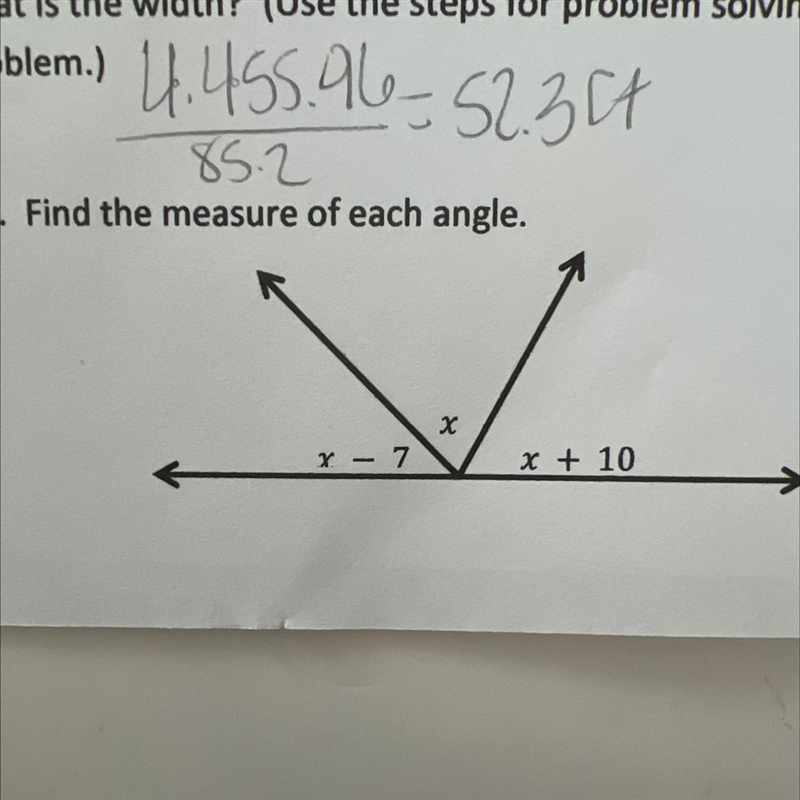 Find the measure of each angle. x - 7 X x + 10-example-1