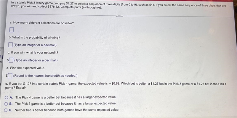 In a state's Pick 3 lottery game, you pay $1.27 to select a sequence of three digits-example-1