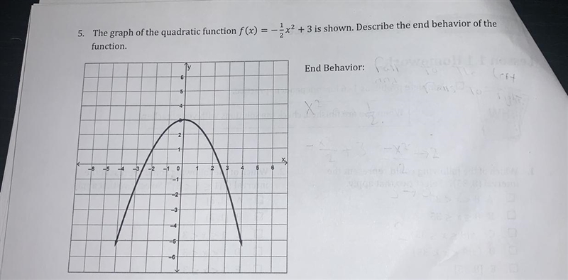 The graph of the quadratic function f(x) = - 1/2 x ^ 2 + 3 is shown. Describe the-example-1