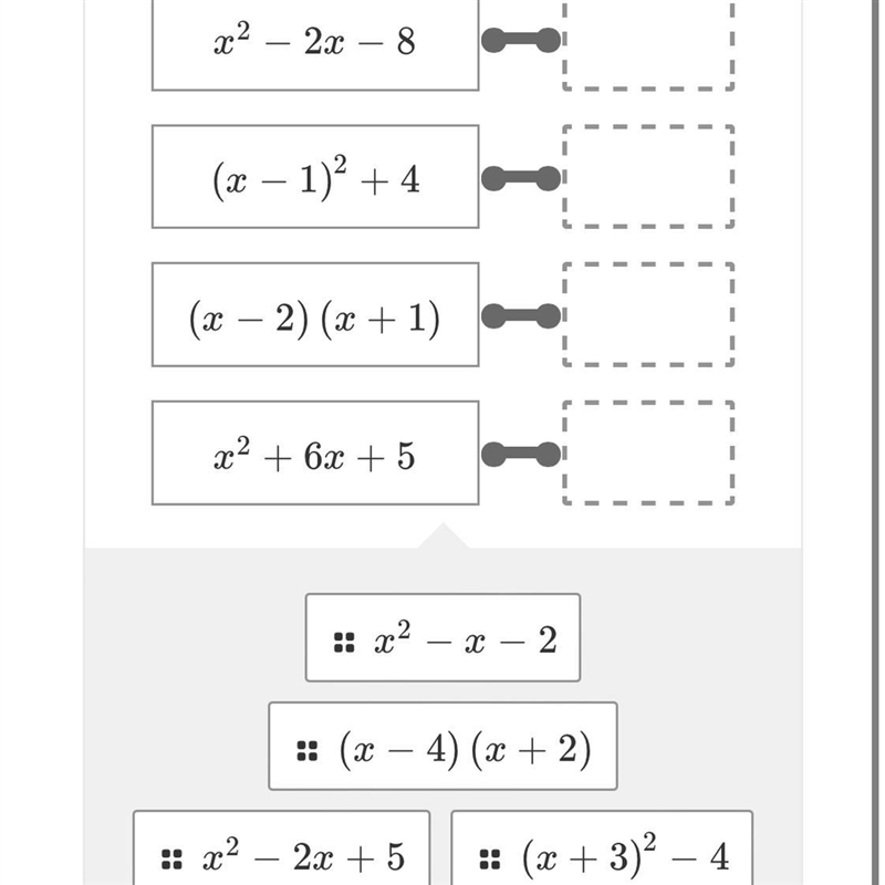 For each quadratic expression below, drag anequivalent expression to its match.-example-1