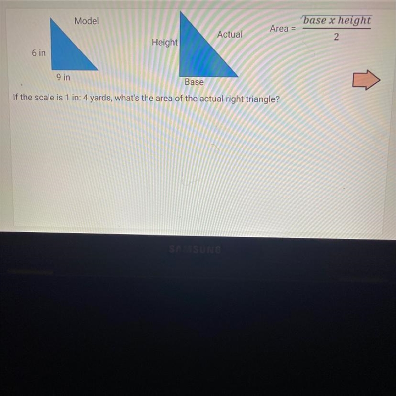 If the scale is 1 in: 4 yards, what’s the area of the actual right triangle?-example-1