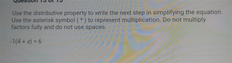 Use the distributive property to write the next step in simplifying the equation.-example-1