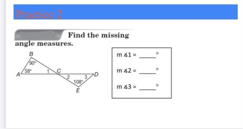 OFind the missingangle measures.Bm 41 =90°58°Аm 42 =23108°m 3 =Eoo-example-1