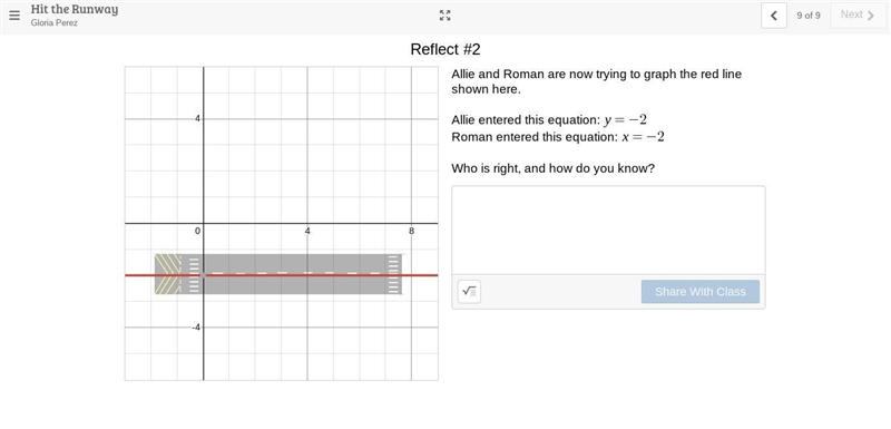 Allie and Roman are now trying to graph the red line shown here. Allie entered this-example-1