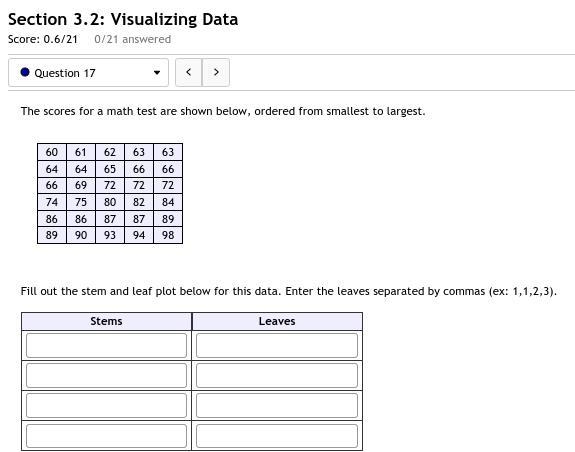 17. 17. The scores for a math test are shown below, ordered from smallest to largest-example-1