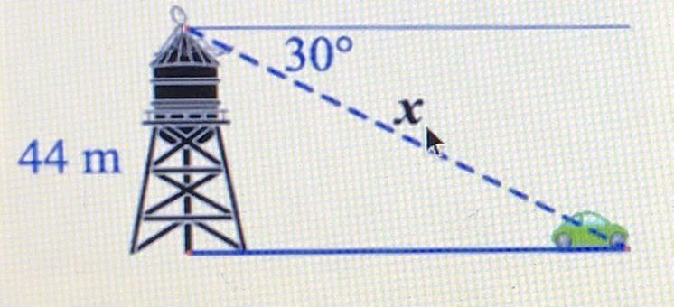 A person on top of a 44-meter water tower sees a car below. If the angle of depression-example-1