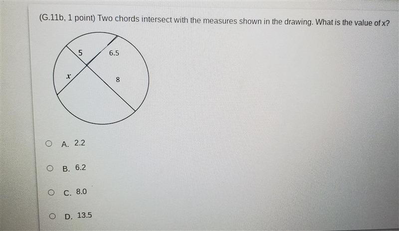 (G.11b, 1 point) Two chords intersect with the measures shown in the drawing. What-example-1