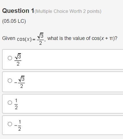 Given cosine of x is equal to the square root of 3 over 2 comma what is the value-example-1