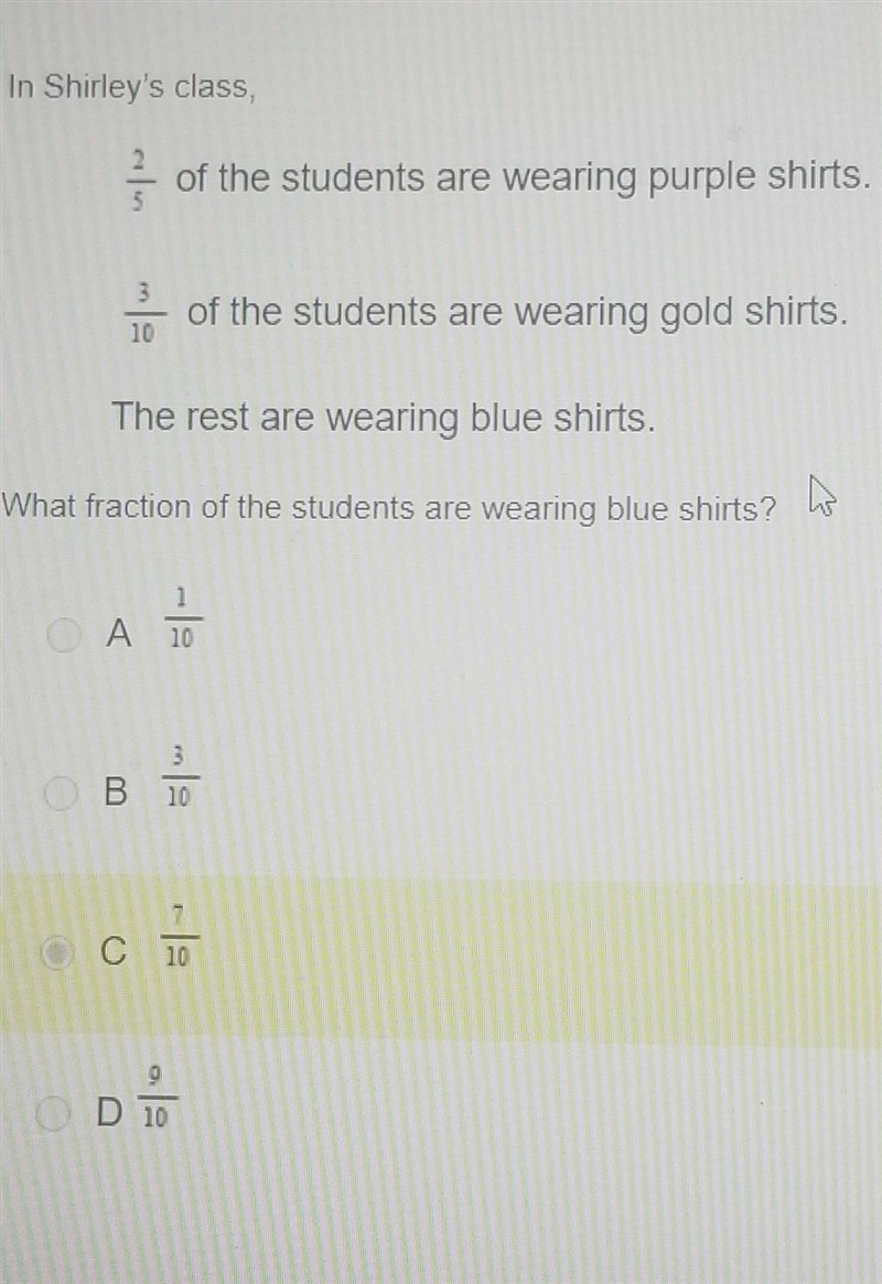 in Shirley's class,•2/5 of the students are wearwearing purple shirts.•3/10 of the-example-1