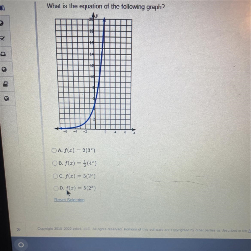 What is the equation of the following graph?A. f(x) = 2(3*)OB. f(x) = (4)Oc. f(x) = 3(2)D-example-1