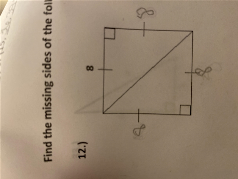 Find the missing side of a triangle with one side being 8. Simplify all radicals.-example-1