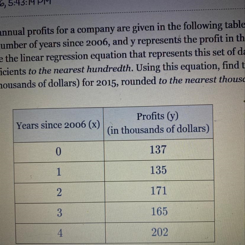 The annual profits for a company are given in the following table,where x represents-example-1