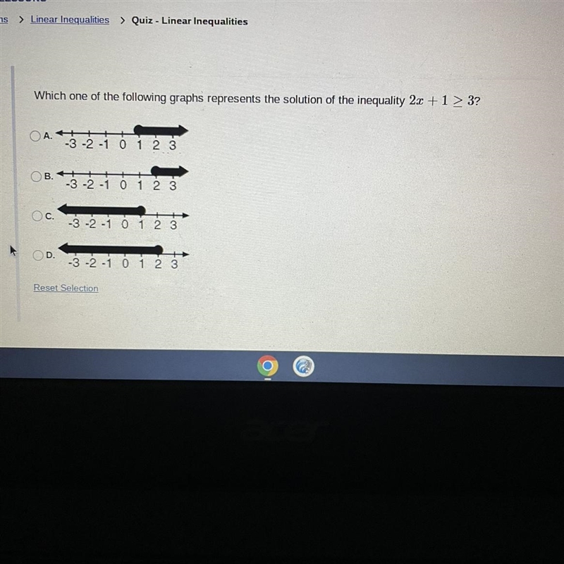 Which one of the following graphs represents the solution of the inequality 2x + 1 ≥ 3?A-example-1