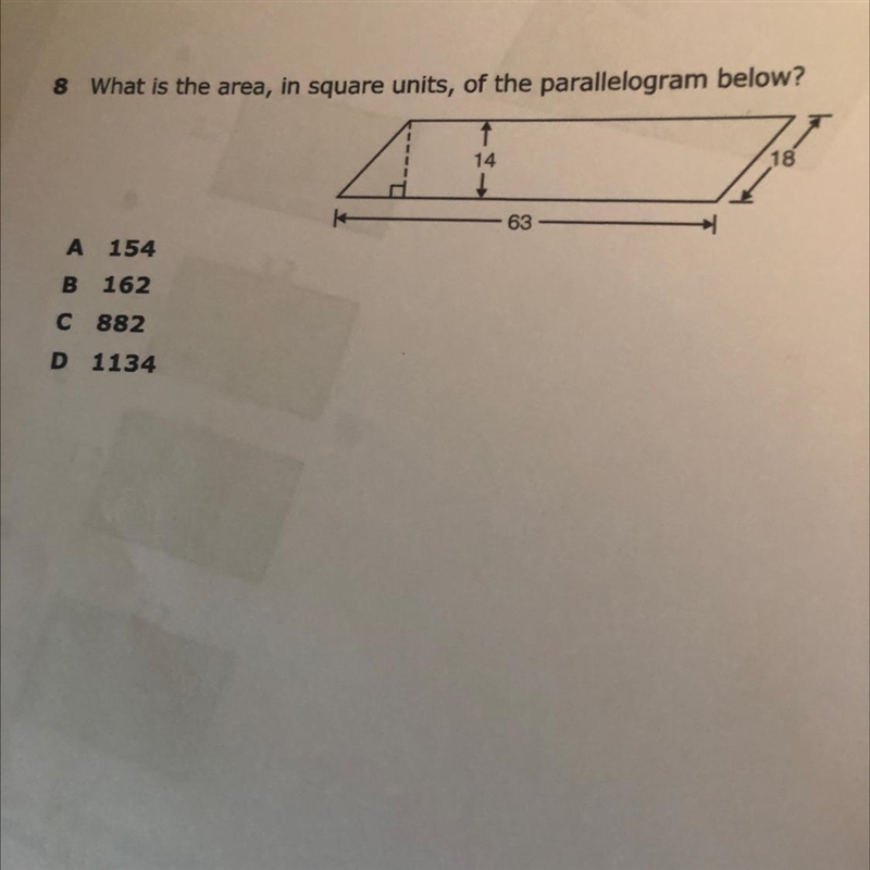 What is the area, in square units, of the parallelogram below?1141663A 154B 1628821134-example-1