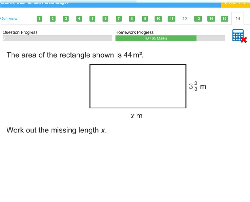 The rectangle of the rectangle is shown 44m squared. Find out the missing length of-example-1