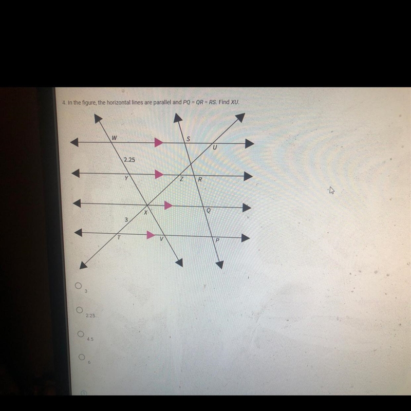 In the figure, the horizontal lines parallel and PQ=RS. Find XU-example-1