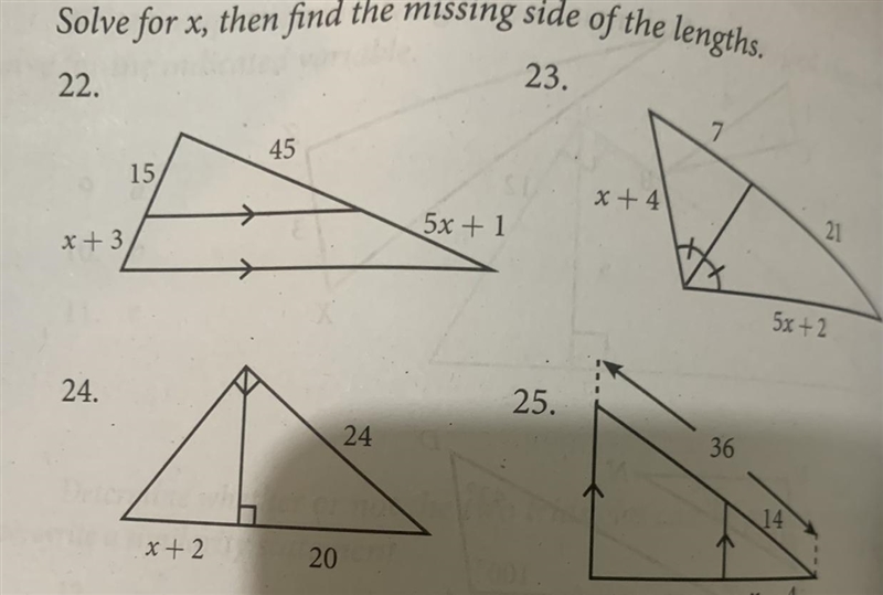 Solve for x, then find the missing side of the lengths.-example-1