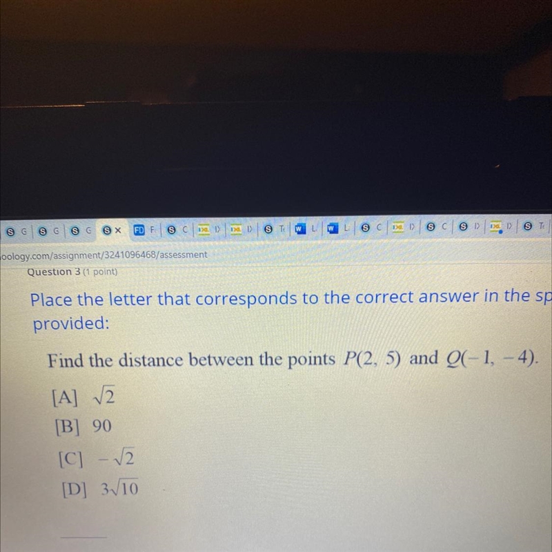 Find the distance between the points P(2, 5) and Q(-1, -4).[A] 2[B] 90[C] -12[D] 3V-example-1