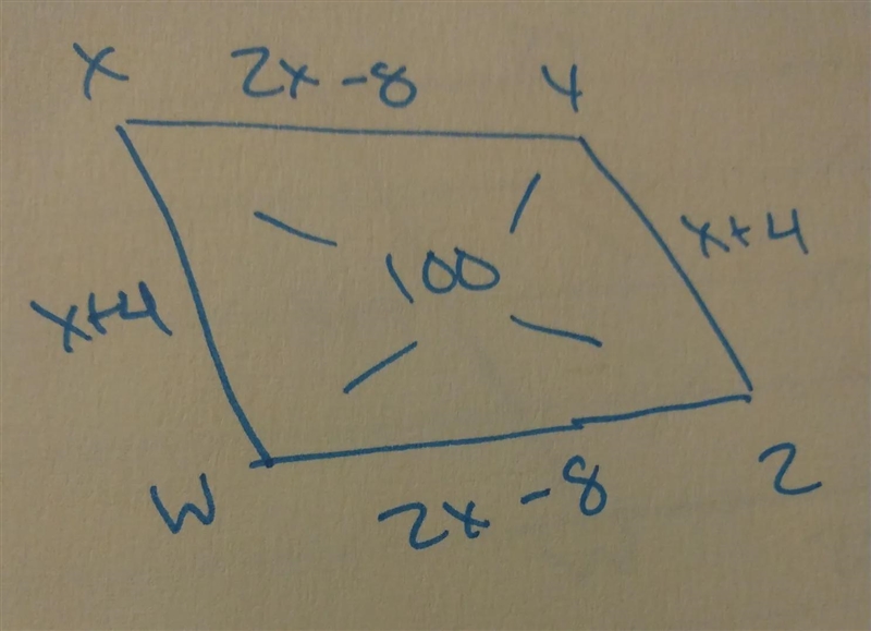 Solve for x perimeter of the rectangle is 100to x - 8 + x + 4 + 2x - 8 + x + 4 = 100 solve-example-1