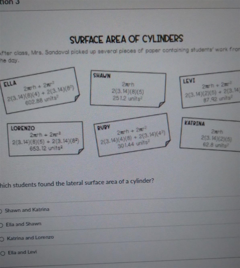 SURFACE AREA OF CYLINDERS After class, Mrs. Sandoval picked up several pieces of paper-example-1