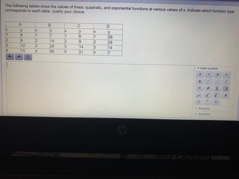 The following tables show the values of linear, quadratic, and exponential functions-example-1