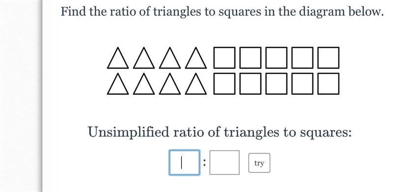 PLS HELP ME ANSWER THIS! Find the ratio of triangles to squares in the diagram below-example-1