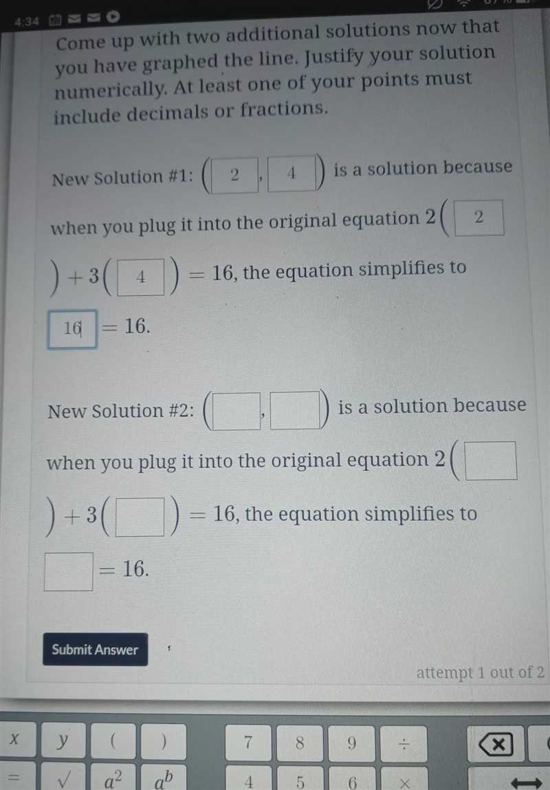 Determine which three out of the six points shown below are a solution to the equation-example-1