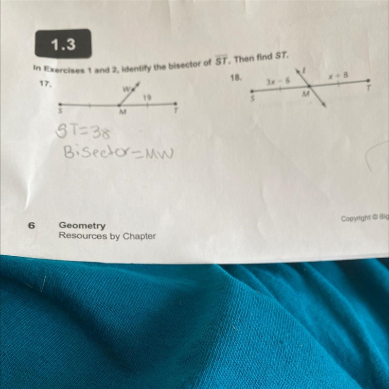 In exercises 1 and 2 , identify the bisector of ST then find ST-example-1