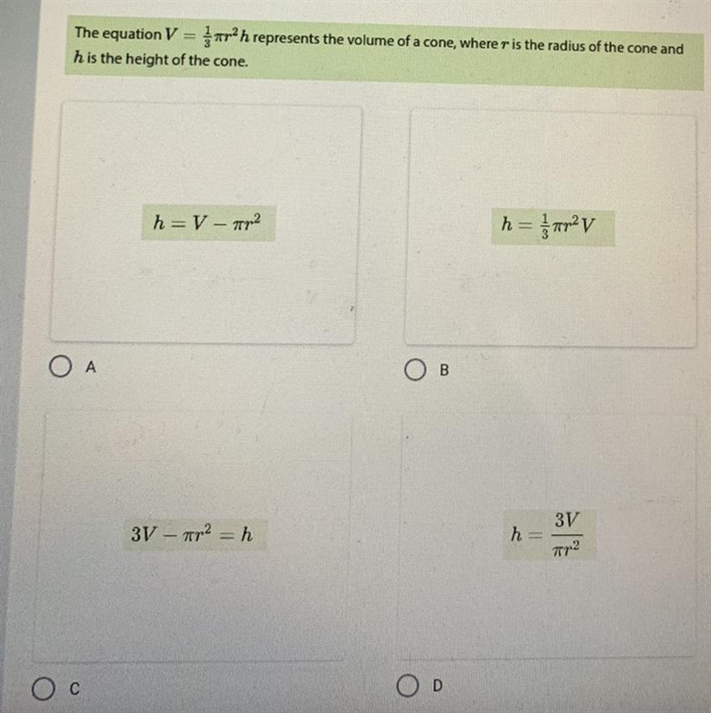 5. Which equation is solved for the height of the cone based on theinformation given-example-1