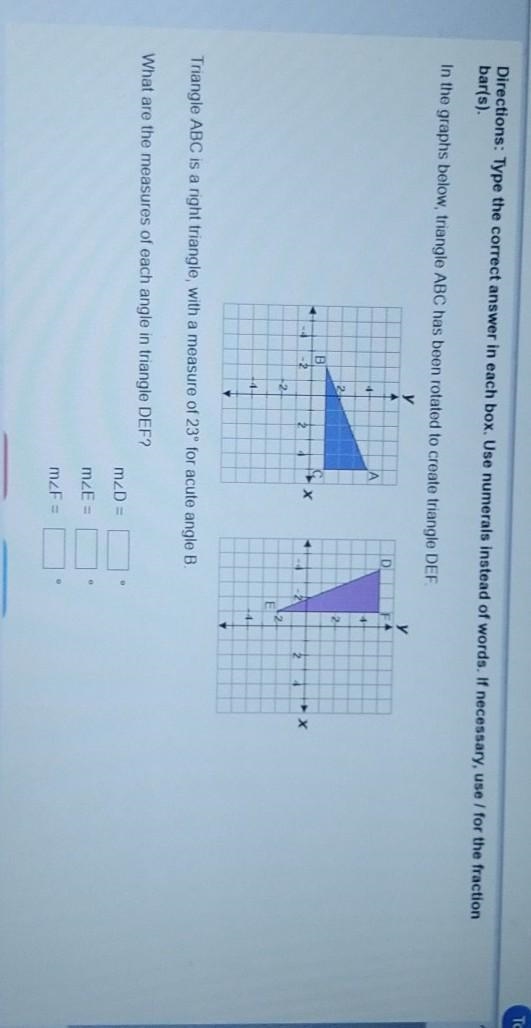 In the graphs below, triangle ABC has been rotated to create triangle DEF.Triangle-example-1