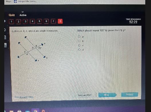 Letters a, b, c, and d are angle measures. Which should equal 105° to prove that fll-example-1