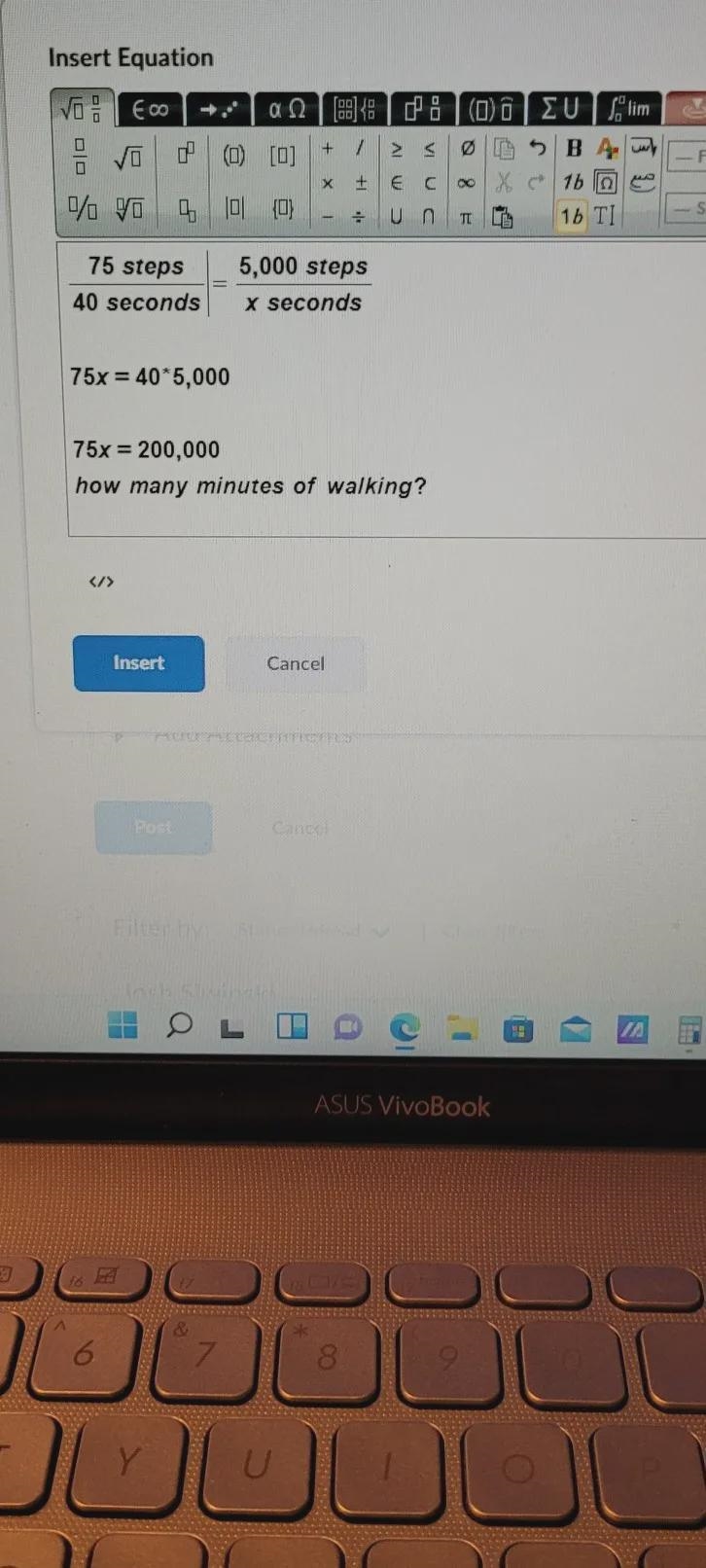 I it takes 40 seconds to walk 75 steps. how many minutes does it take to get 5000 steps-example-1