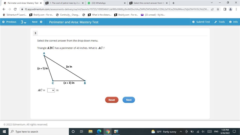 Select the correct answer from the drop-down menu.Triangle has a perimeter of 40 inches-example-1